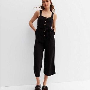 H&M Black Linen blend Sleeveless Jumpsuit with Button Detail